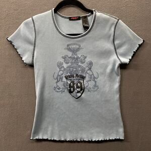 Vtg 00s Y2K DKNY Active Lettuce Hem Baby Tee XL Blue Crest Graphic Rib Knit